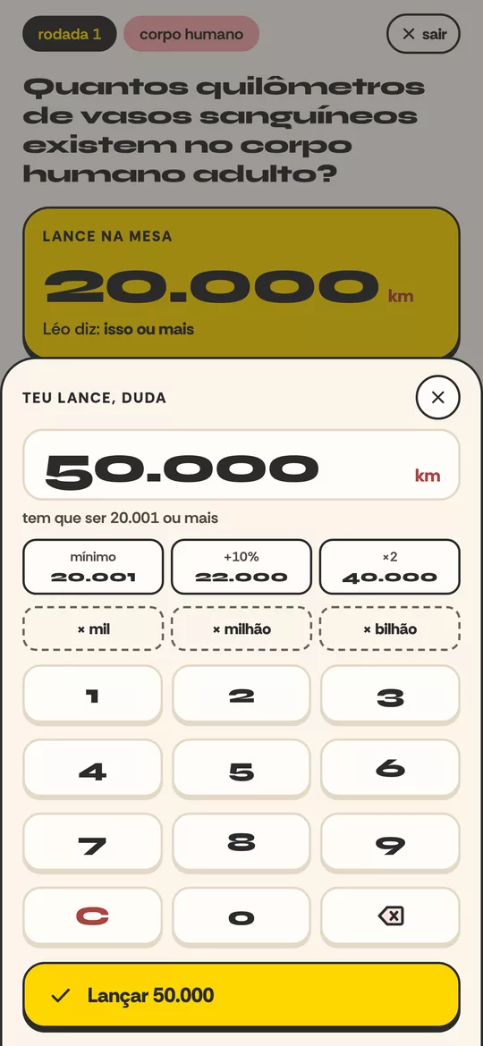 Teclado para dar o lance